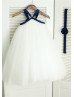 Ivory Tulle Navy Blue Straps Cross Flower Girl Dress  Ivory Tulle Navy Blue Straps Cross Flower Girl Dress